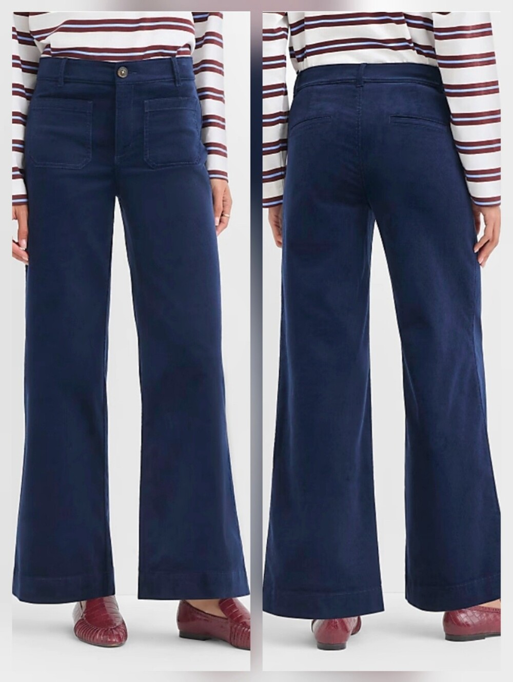 LOFT The Palmer Wide Leg High Rise Brushed Corduroy Pant Navy Blue Patch Pockets